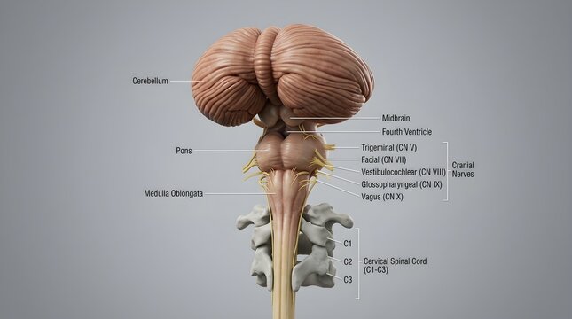 Detailed 3D medical illustration showing human brainstem cerebellum pons medulla oblongata and cranial nerves for anatomy study