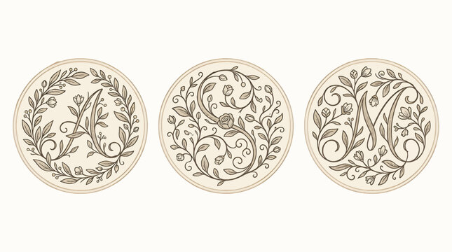 Elegant Monogram Initials A, S, M in Circular Floral Wreath Design, Vintage Botanical Illustration with Delicate Leaves and Blossoms, Sepia Tones on Cream Background, Vector Graphic