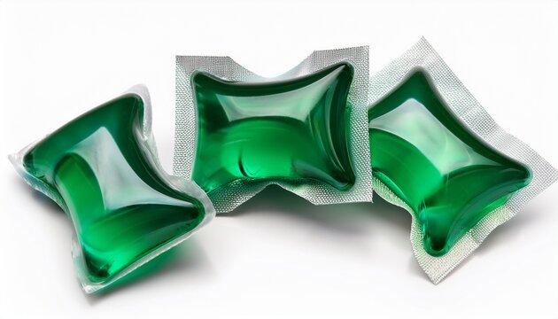 Three Green Laundry Detergent Capsules On White