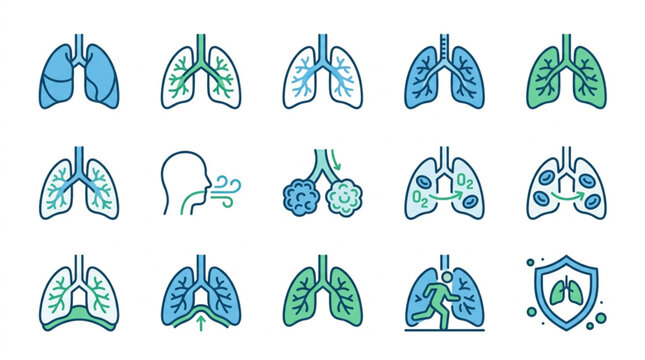 Collection of stylized human lung icons and illustrations representing respiratory health.