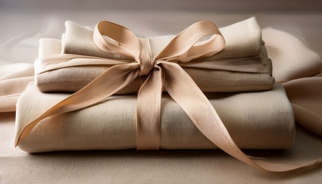 Folded Linen Textiles With Tied Ribbon In Neutral Beige Tones