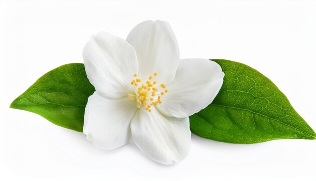 Jasmine Flower Isolated White Blossom With Green Leaves Realistic Photo
