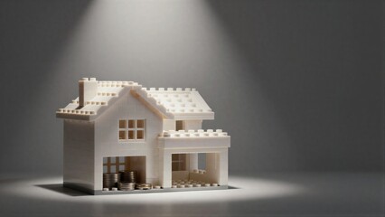 Fototapeta premium Lego house with coins inside, symbolizing home and savings under spotlight.