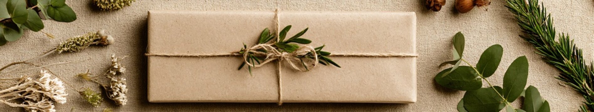 Eco friendly gift wrapped in recycled kraft paper with twine and botanical sprig on textured beige linen background
