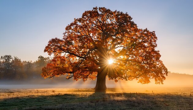 Orange Light Rays Shine Through The Autumn Leaves Of A Giant Old Oak Tree In The Foggy Morning