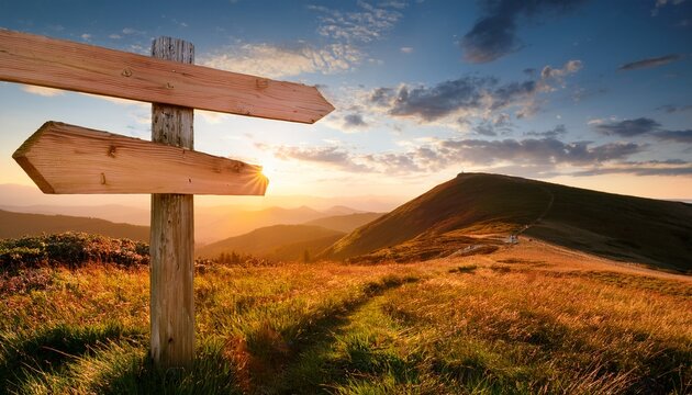 Blank Wooden Directional Signpost At Sunset In Nature Landscape