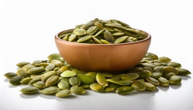 Green Pumpkin Seeds In Bowl On White Background