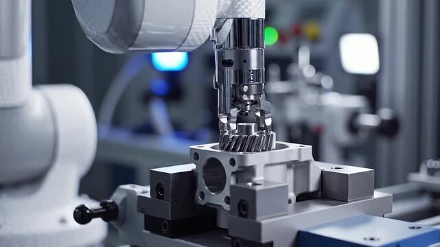 Robotic Arm Inserting Multiple Gears Into Compact Gearbox In Modern Industrial Automation Setting