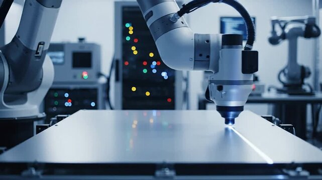 Robotic Arm Inspecting A Blank Antenna Panel In A High-Tech Laboratory Environment With Focus On Precision Automation