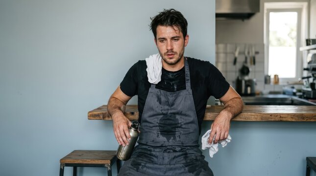 A tired chef, dressed in a black t-shirt and apron, sits on a stool with a towel draped over his shoulder and a bottle in his hand. He looks exhausted, with sweat stains visible on his apron.