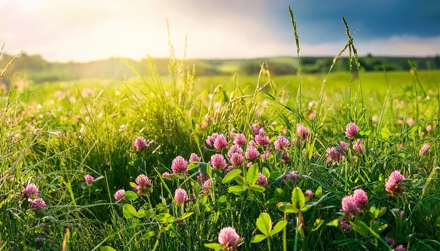 Green Summer Field With Pink Clover Among The Grass Summer Background