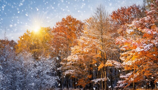 First Snow On Autumn Maple Forest