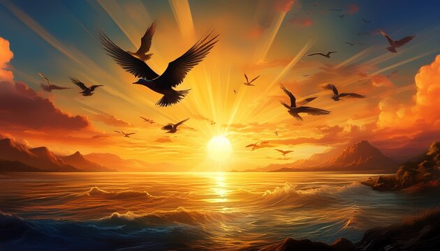 Sunset Ocean Divine Sun Ray Birds