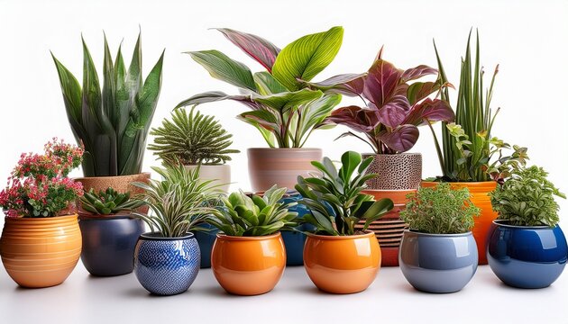 Assortment Of Fifteen Different Potted Houseplants In Colorful Ceramic Containers Isolated On White Background