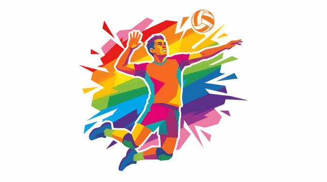 Dynamic Volleyball Player Spiking Ball in Action, Vibrant Geometric WPAP Style Illustration with Rainbow Color Background and White Space