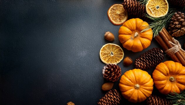 Autumn Composition Of Pumpkins Dried Oranges And Pine Cones On Dark Textured Background With Copy Space