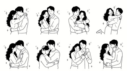 Obraz premium Set of black and white line art illustrations of a young loving couple embracing