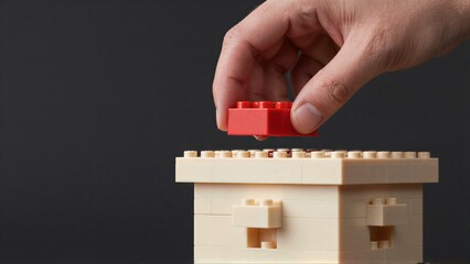 Fototapeta premium Hand places red LEGO brick atop beige structure, symbolizing growth or construction.