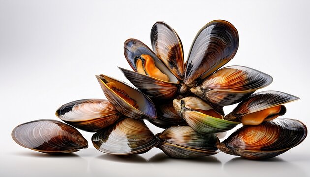 A Stack Of Mussel Shells On A White Surface With A Clean Background