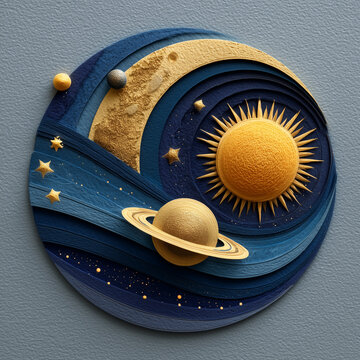 Bright golden sun and saturn within crescent moon frame abstract paper art, 초승달 프레임 안의 밝은 금빛 태양과 토성 추상적인 페이퍼 아트