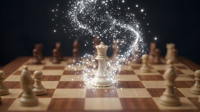 Glowing White Queen Chess Piece with Magical Light Swirl on Chessboard Strategy Concept