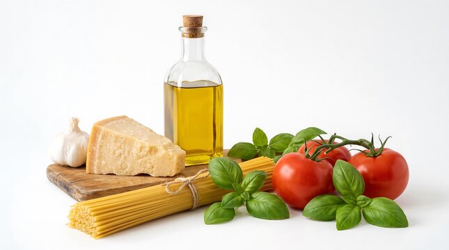 Italian food ingredients with spaghetti, parmesan cheese, tomatoes, basil and olive oil on white background