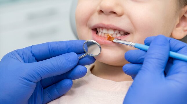Pediatric dentistry. Dentist applying fluoride varnish to a child&rsquo;s teeth with a brush during preventive dental treatment and cavity protection in a clinic