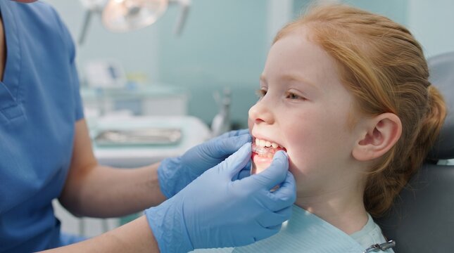 Orthodontics. Dentist fitting a removable orthodontic appliance to a red-haired child during pediatric dental treatment in a modern clinic