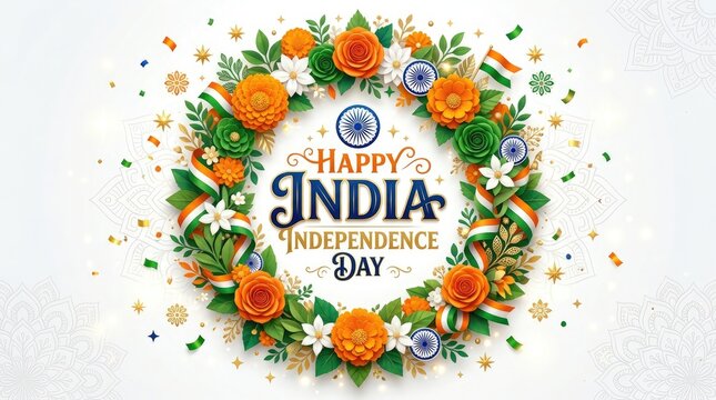 Happy india independence day celebration with floral wreath and confetti