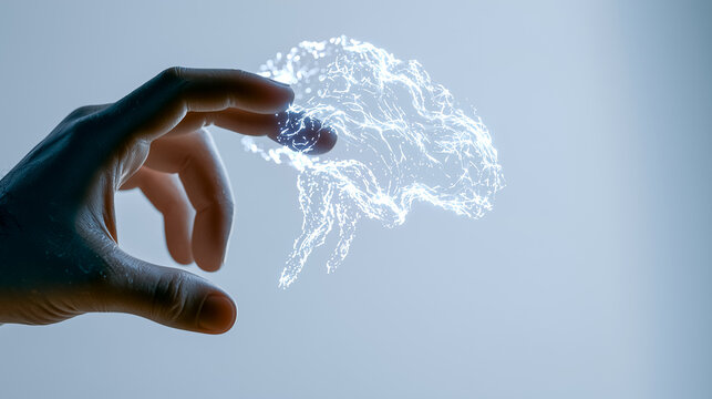 Holographic Brain Interface: A close-up shot shows a human hand interacting with a glowing, translucent holographic projection of a human brain, symbolizing intelligence and innovation.