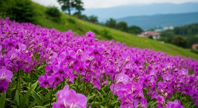 Field full of vibrant purple orchids blooming on hillside with mountain backdrop.