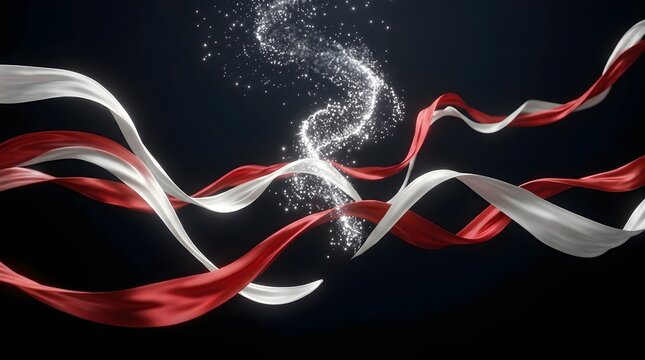 Abstract Red and White Flowing Silk Ribbons with Glowing Spiral Light on Black Background