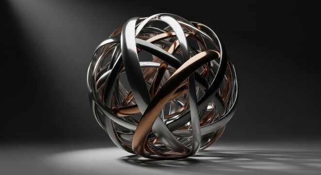 Abstract three dimensional render of interwoven metallic rings forming sphere shape.