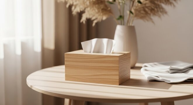 Minimalist wooden tissue box on round table in bright sunlit cozy home interior.
