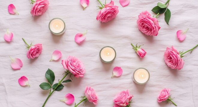 Pink roses and lit candles on white fabric, romantic, gentle, serene theme.