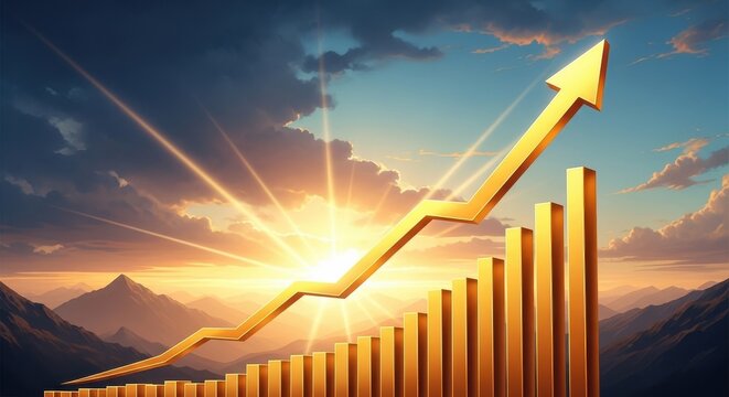 Golden bar chart and arrow pointing up at sunrise, business growth concept.