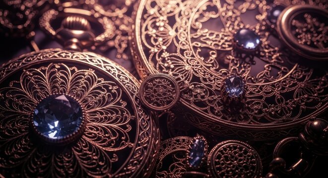 Intricate vintage pocket watch cover featuring gold metal filigree and blue gems.