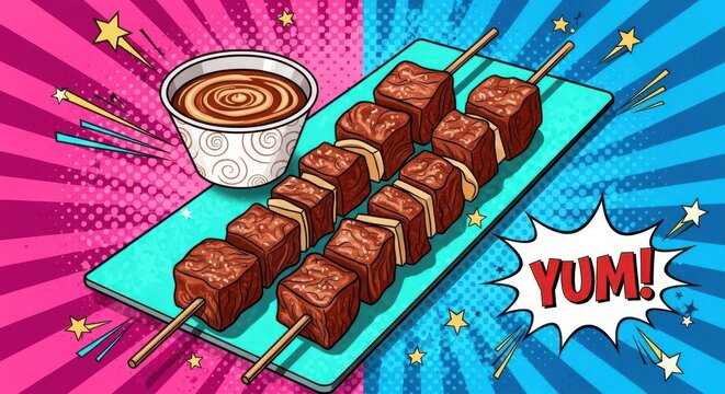 Beef skewer meal served with dipping sauce on bright colorful comic book background.