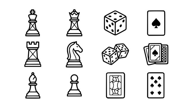 Classic board games vector icon set with simple bold line art complete chess king knight piece playing cards ace of spades dice pips tabletop gaming and tournament clip art black and white