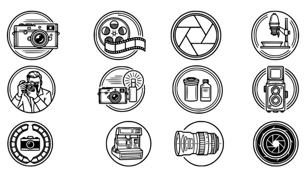 Clean line art vintage camera emblem vector set with classic bold photography badge analog film roll shutter flash studio gear and sweet retro camera graphics for apparel