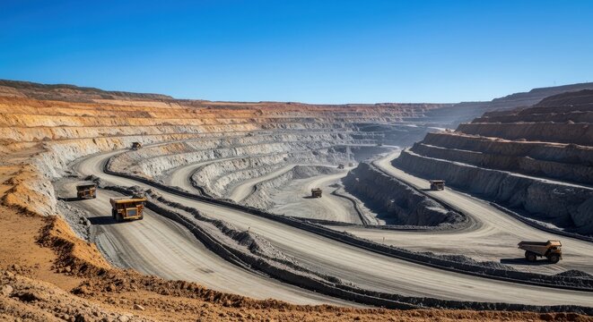 Huge open pit mine with heavy machinery operating on sunny day.