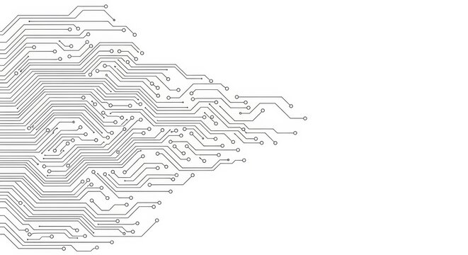 Abstract digital circuit board lines on white background.