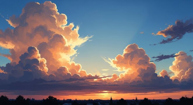 Stunning sunset sky featuring vibrant orange clouds and deep blue horizon views.