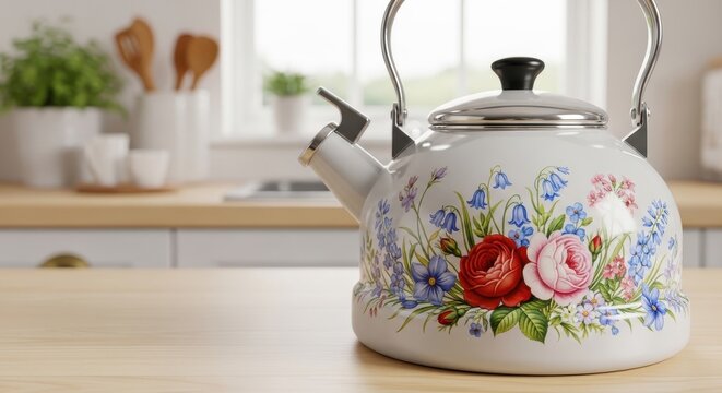 White enamel teapot with colorful floral design on wooden table in kitchen.