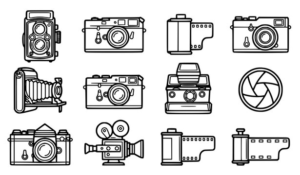 Vintage photography vector icon set with simple bold line art classic complete retro camera body analog film roll shutter aperture lens reflection and nostalgic studio clip art black and white