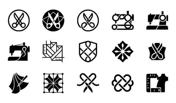 Modern abstract sewing machine scissor symbol vector clipart set with minimalist clean outline fashion brand needle thread monogram and cosmic boutique logo graphics black and white