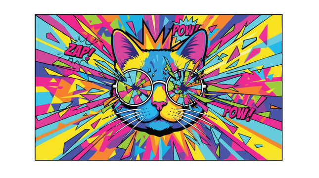 Pop art cat portrait with geometric colorful rays and zap text effect