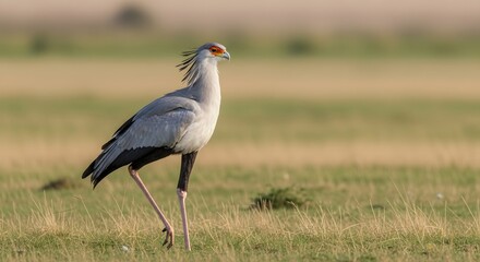 Obraz premium Majestic Kori Bustard Walking Across the Vast Grassy Savanna Landscape