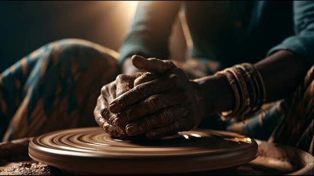Hands work with clay at a pottery wheel to form unique shapes while morning light fills the workshop. The process requires skill and focus.