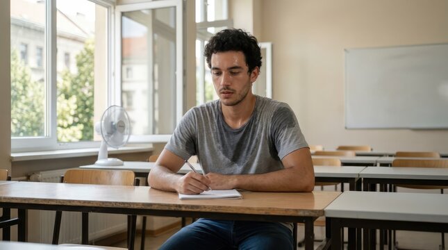 A young man diligently taking notes at his desk in a sunlit classroom, with a fan in the background